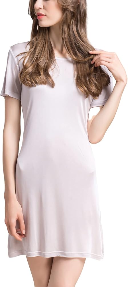 Grenasasilk Women's Silk Nightgown Short Sleeve Pure Mulberry Silk Sleepshirt Scoop Neck Nightshirt Sleepwear