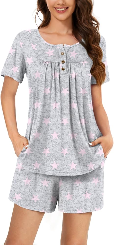 Bestbee Women's 2 Piece Pajama Set, Henley Neck Short Sleeve Short Pant Y2K 2024 Summer Sleep Set With Pockets Ladies Pjs Set