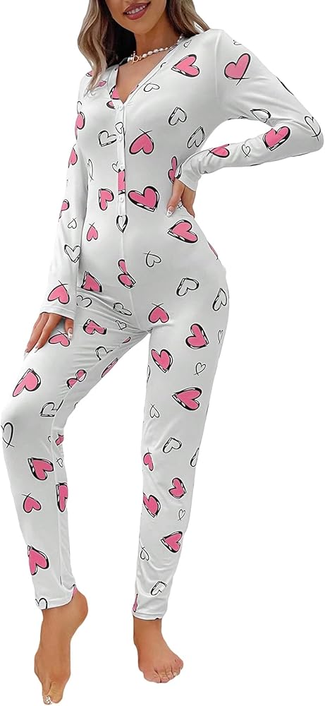 WDIRARA Women's Sleepwear Heart Print Button Front Long Sleeve One Piece Sleep Romper Pajama Jumpsuit