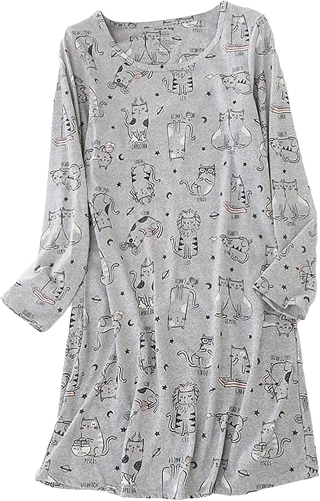 Lu's Chic Women's Long Sleeve Nightgown Cotton Sleepwear Knee-length Sleep Dress Cute Loungewear Short Cartoon Printed