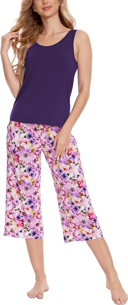 GYS Women's Viscose Pajama Sets Sleeveless Sleepwear Soft Tank Top and Capri Pants Pjs Lounge Set