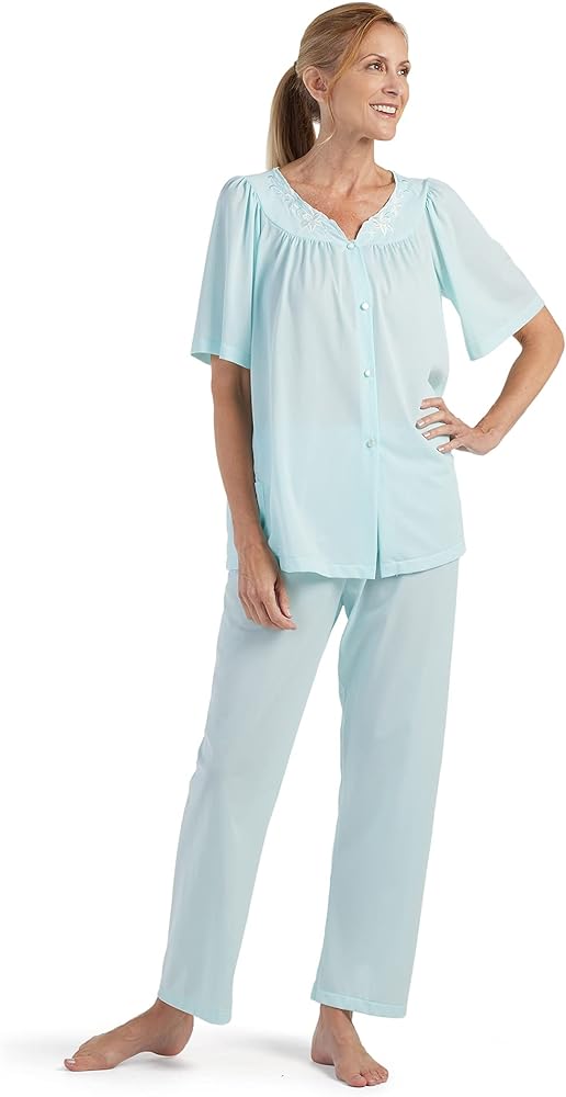 Miss Elaine PJ Set - Women's Nylon Tricot Pajama Set, Short Sleeves, Round Neckline with Embroidered Trim, Button Front Top