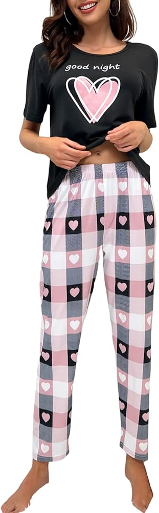 SOLY HUX Women's Heart Letter Print Short Sleeve T Shirt and Plaid Pants 2 Piece Summer Pajama Set