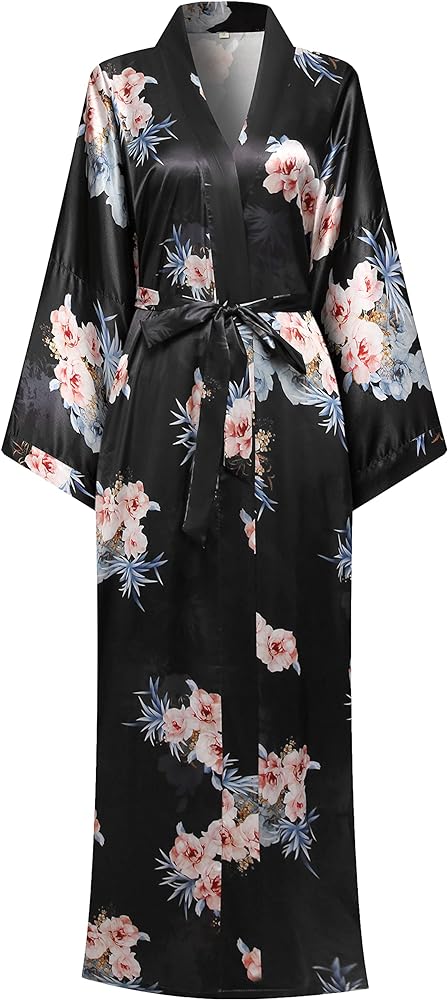 Women Floral Robe Long Kimono Soft Bathrobe Nightgown Lightweight Sleepwear Dressing Gown