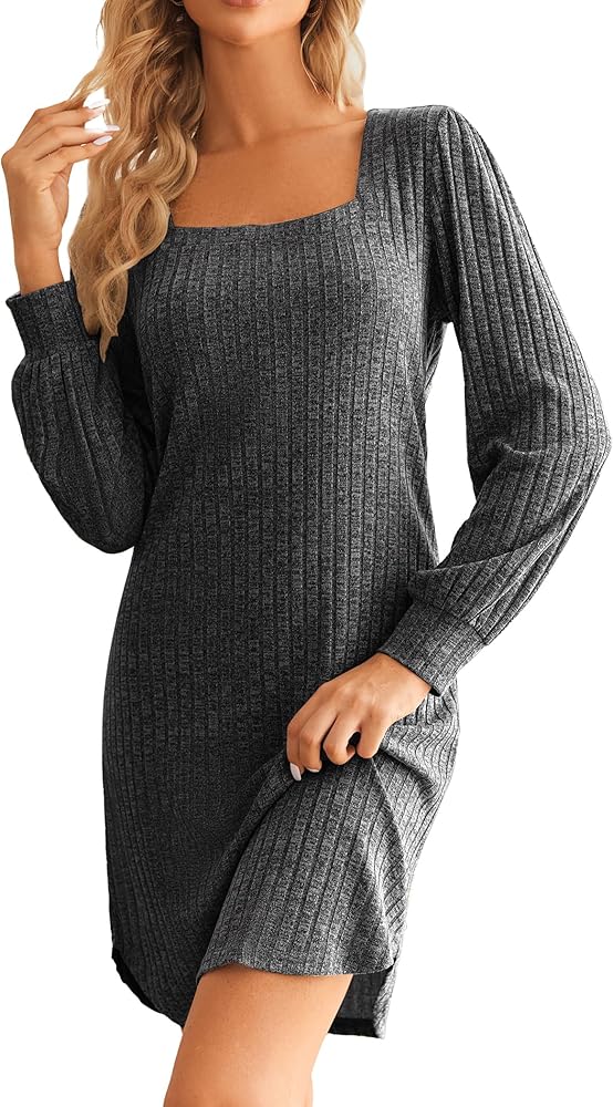 Ekouaer Womens Long Sleeve Nightgown Ribbed Knit Square Neck Loungewear Loose Fit Sleepwear Night dress