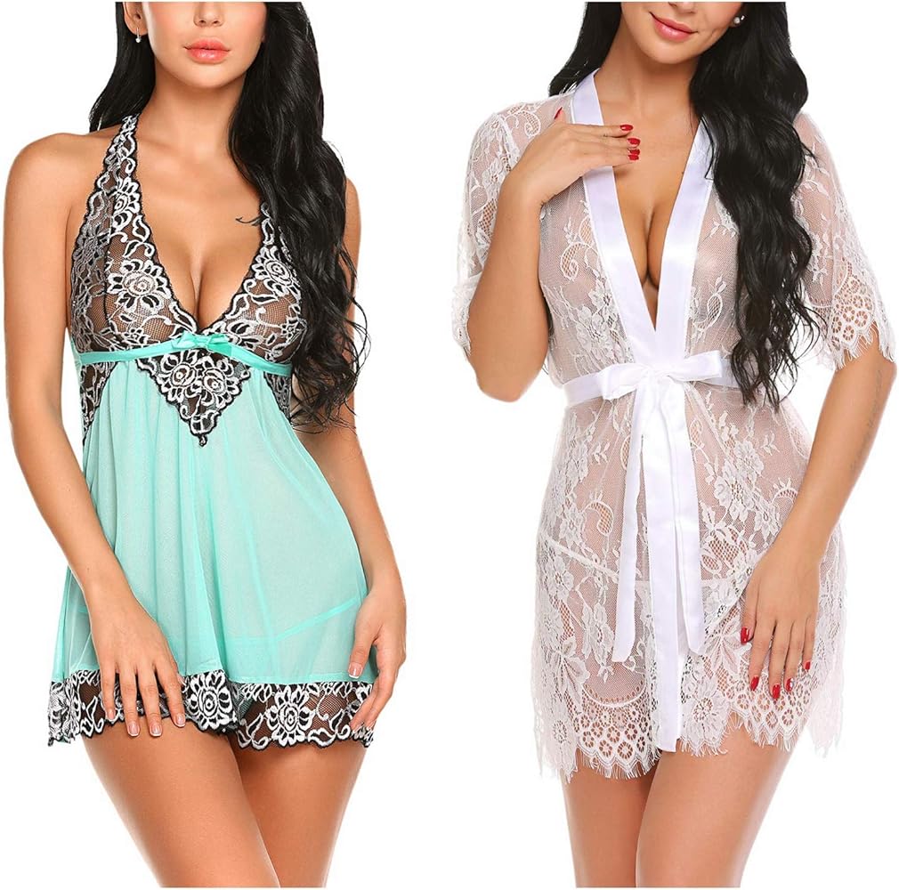 Avidlove Women Babydoll Lingerie(Green,XX-Large) and Women Kimono Robe(White,XX-Large)