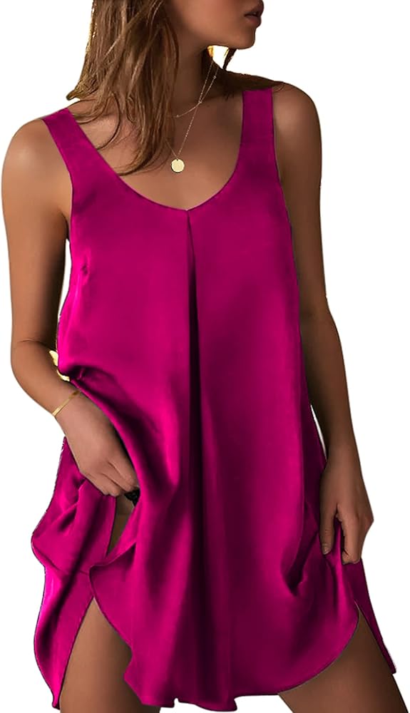 Ekouaer Women's Sleeveless V Neck Satin Nightgown