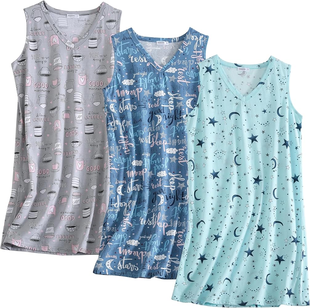 PNAEONG 3 Pack Womens Cotton Nightgown V Neck Nightshirts Sleeveless Sleepwear Casual Print Sleepdress