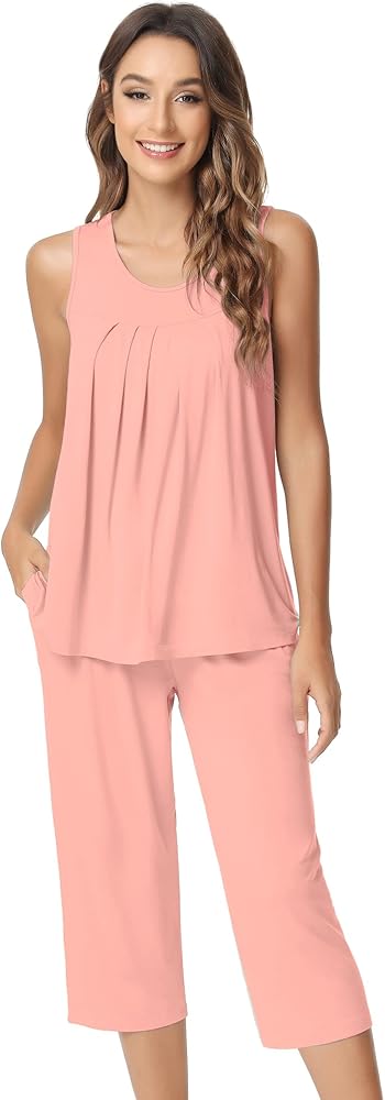 NACHILA Pajamas for Women-Viscose Made from Bamboo, Sleeveless Pjs Tank Top Capri Pants Pajama Sets Cooling Sleepwear