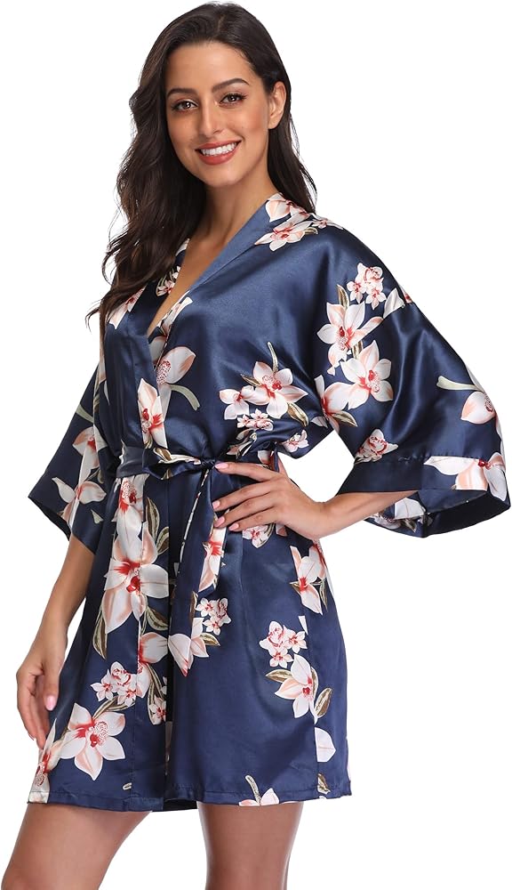 season dressing Women Floral Robes Bridesmaids Short Satin Kimono Sleepwear for Wedding Party