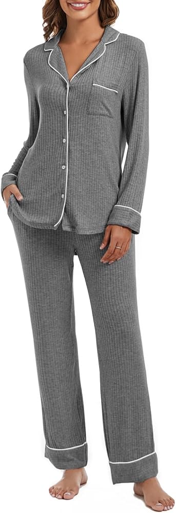 Women's Pajama Sets Long Sleeve Button Down Soft Knit Sleepwear Pjs 2 Piece Lounge Set