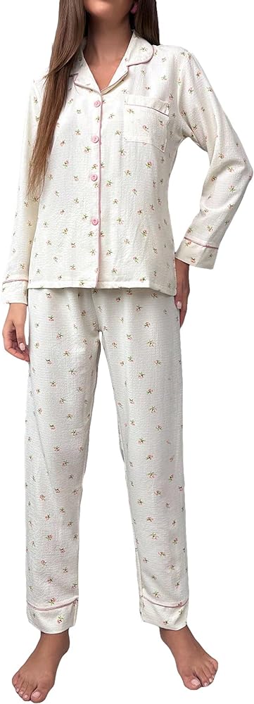 Verdusa Women's 2 Piece Cherry Print Pj Set Button Up Long Sleeve Tops and Pants Sets