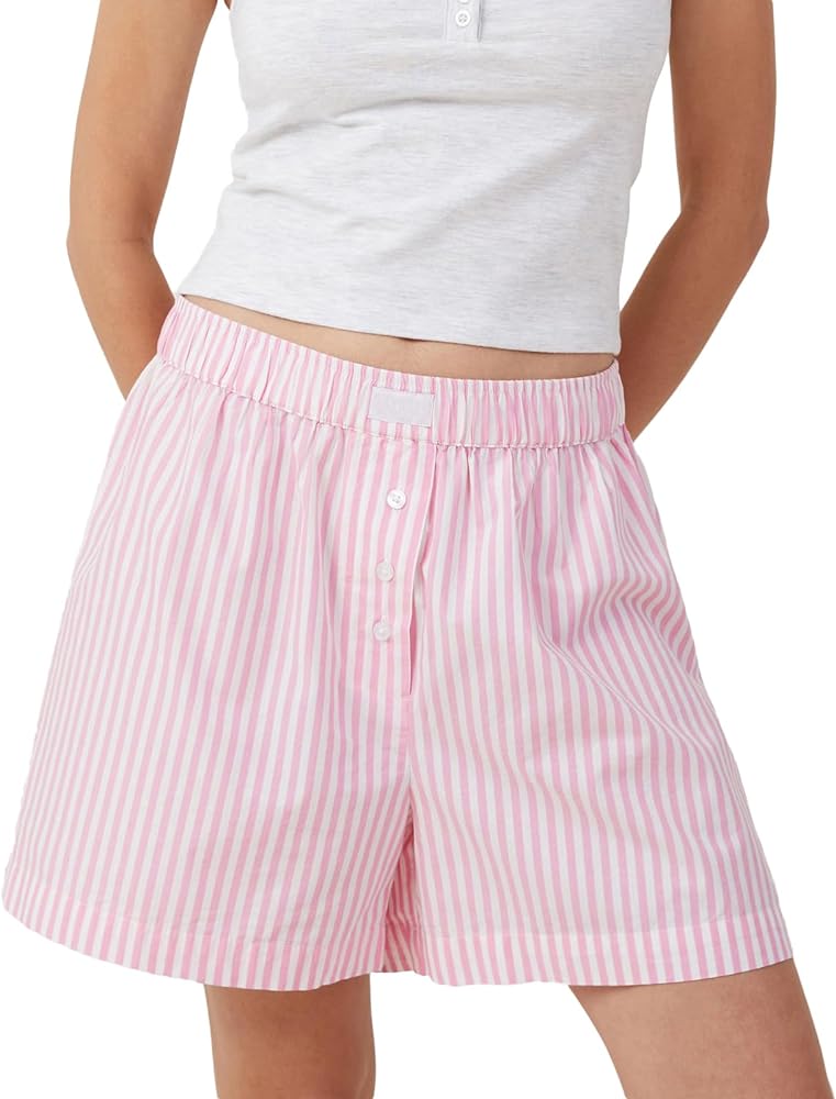 Mxiqqpltky Striped Boxer Shorts Women Y2k Pajama Shorts Elastic High Waist Casual Loose Pj Bottoms Loungewear