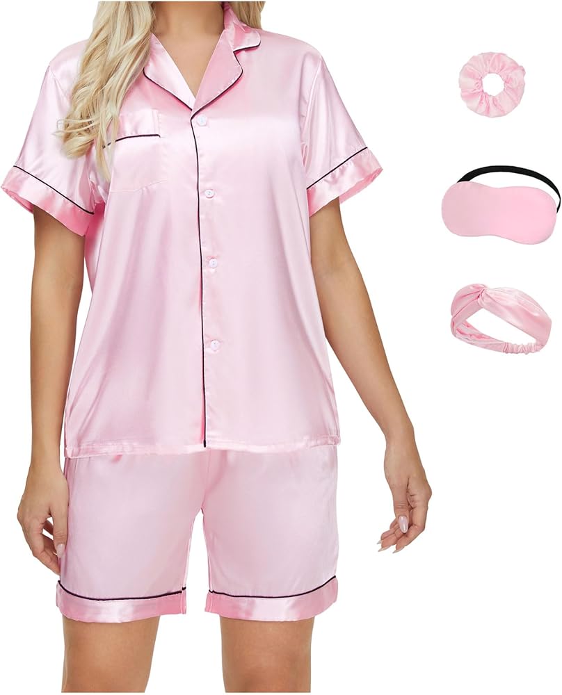 MEIKLE Womens Silk Satin Pajamas Set 2-Piece Short Sleeve Sleepwear Button Down Loungewear