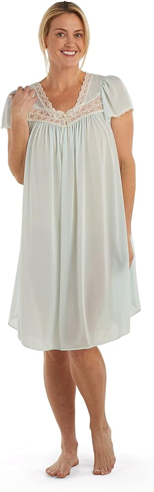 Miss Elaine Silk Essence Nightgown - Short Silky & Sheer Tricot Gown with Flutter Sleeves