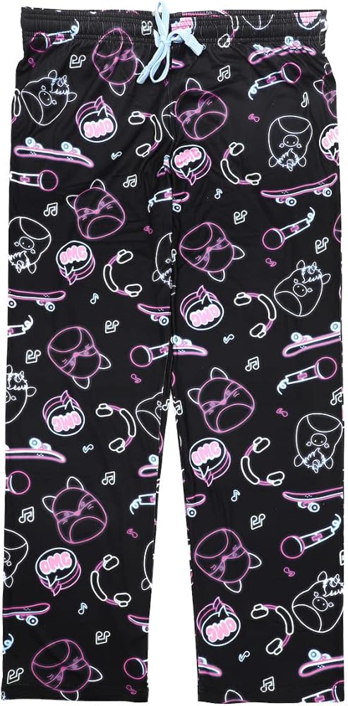 Bioworld Squishmallows Neon Line Art AOP Women's Black Sleep Pajama Pants