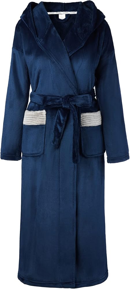 SIORO Women Fleece Hooded Robe Warm Plush Long Bathrobe Soft Fuzzy Winter Nightgown For Home and Spa S-XL