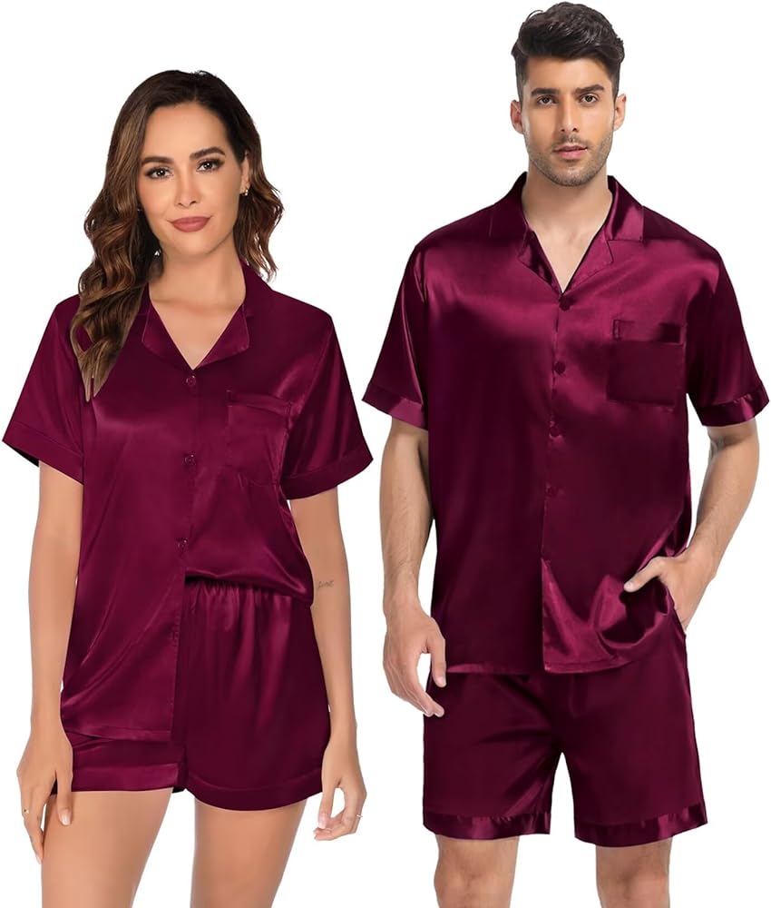 SWOMOG Satin Pajamas Sets Couple Silk Pjs Set Matching Button Down Sleepwear Short Sleeve2 PCS Lounge Set with pockets