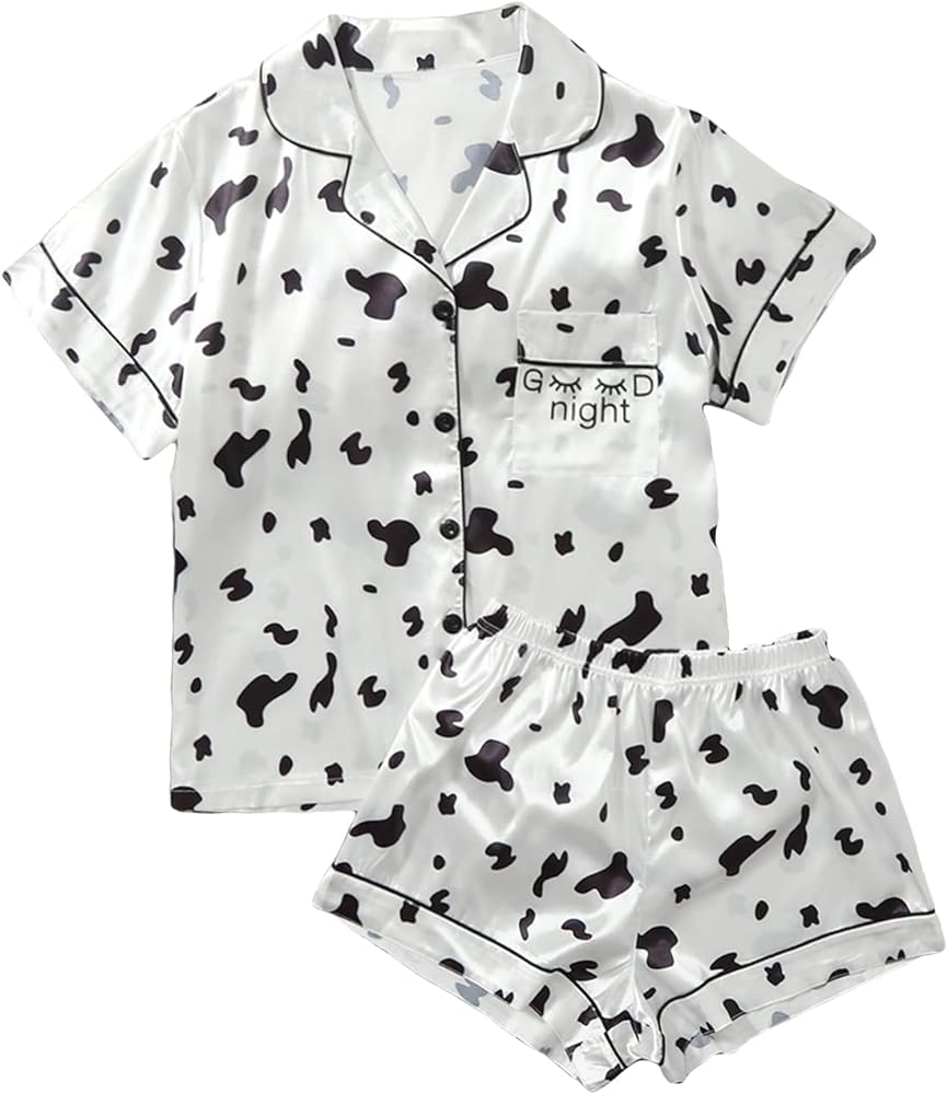 WDIRARA Women's Sleepwear Cow Print Satin Short Sleeve Shirt and Shorts Pajama Set