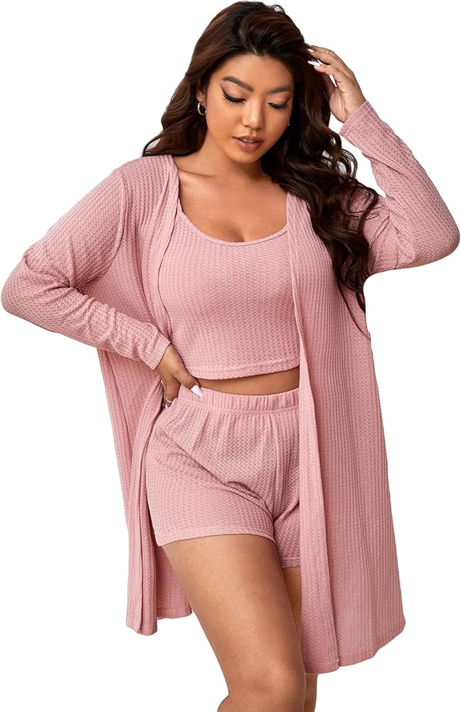 WDIRARA Women's Plus Size 3 Pieces Cami Top And Shorts Pajama Set With Belted Robe