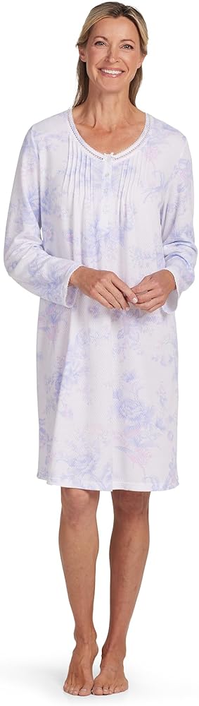 Miss Elaine Women's Short Brushed Back HoneyComb Knit Nightgown, Long Sleeve, Sleepwear & Loungewear