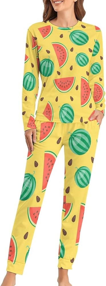 Cartoon Watermelon Casual Pajamas For Women Set Long Sleeve Sleepwear Nightwear Loungewear