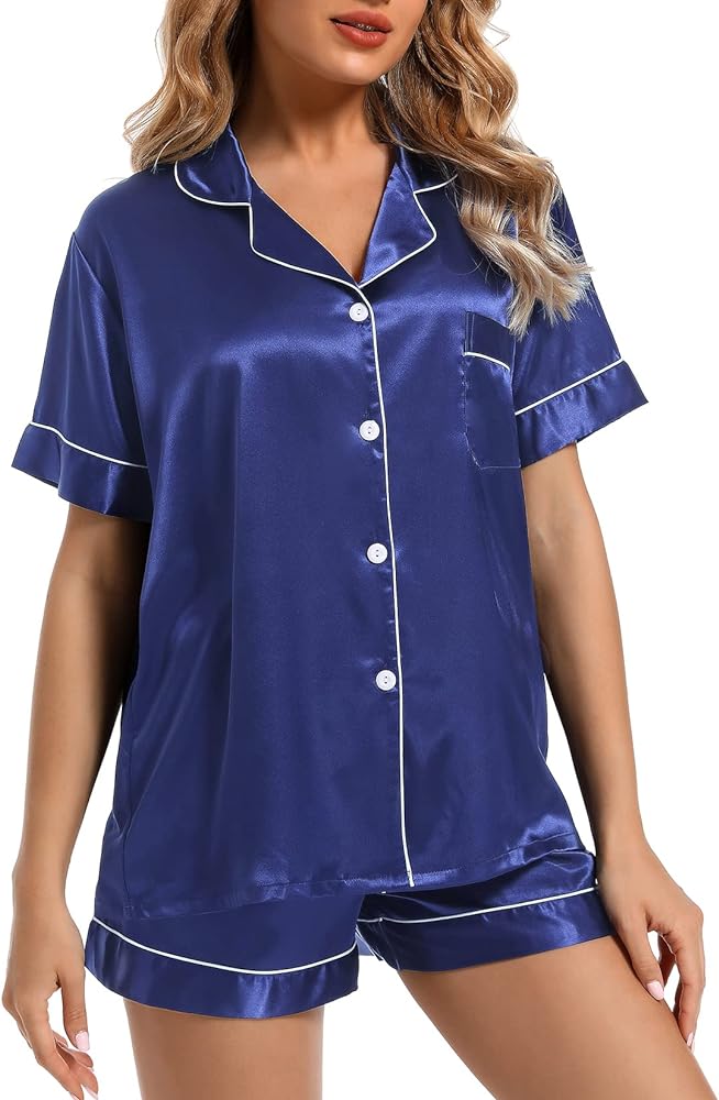 Womens Silk Satin Pajamas Set: Soft Short Sleeve Two-piece Pjs Silky Button-down Sleepwear Loungewear Shorts Set