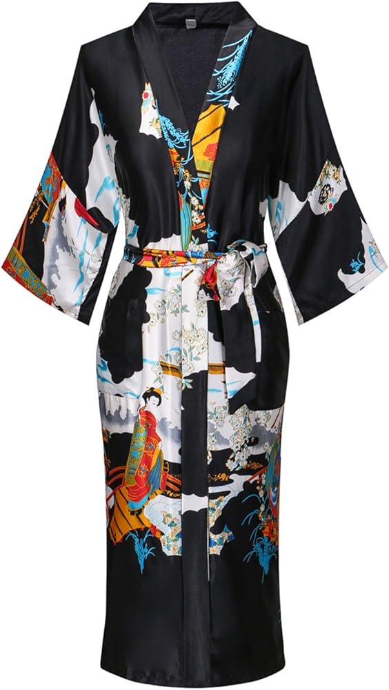 Women's Long Kimono Robe Floral Printed Satin Robe Silky Cover Up Sexy Bathrobe Sleepwear Bridesmaid Dressing Gown