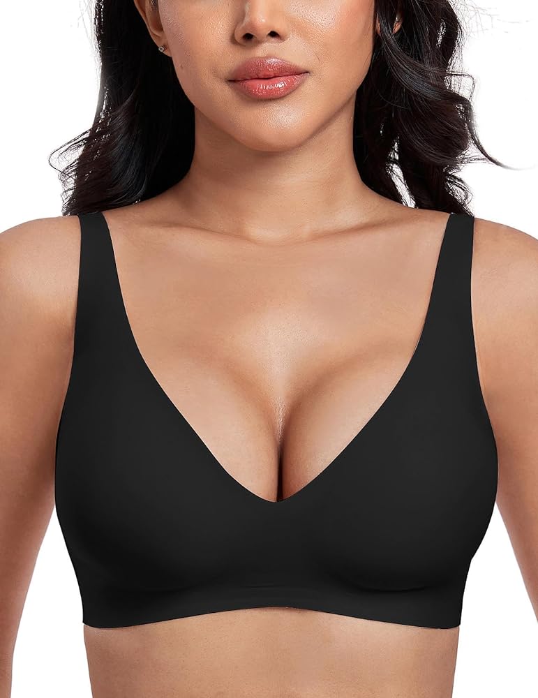 Deep V Bras for Women No Underwire Seamless Bralettes for Women Wireless Plunge T Shirt Bra with Extender