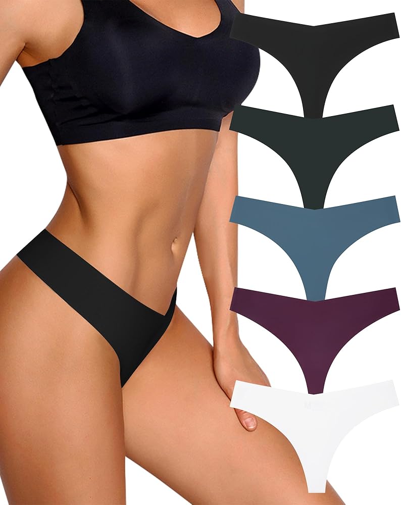 Womens Seamless Thong Underwear No Show Breathable Stretch Comfy Soft 5 Pack