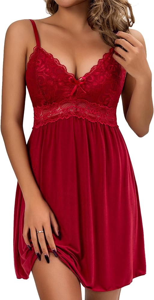 Women Lace Modal Nightwear Sleepwear Chemises V-Neck Full Slip Babydoll Nightgown