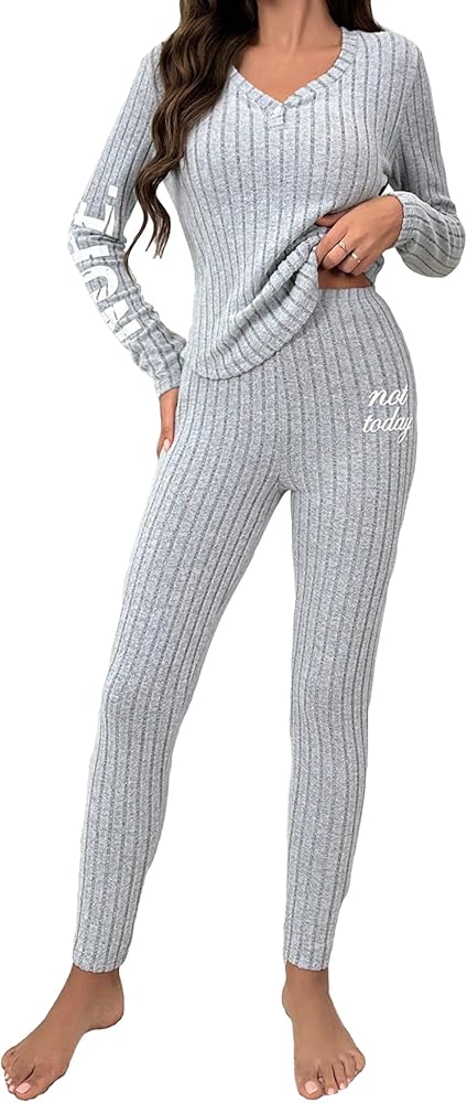 SOLY HUX Women's Pajama Sets Lounge Set Ribbed Knit Letter Graphic Long Sleeve Top and Pant 2 Piece Sleepwear