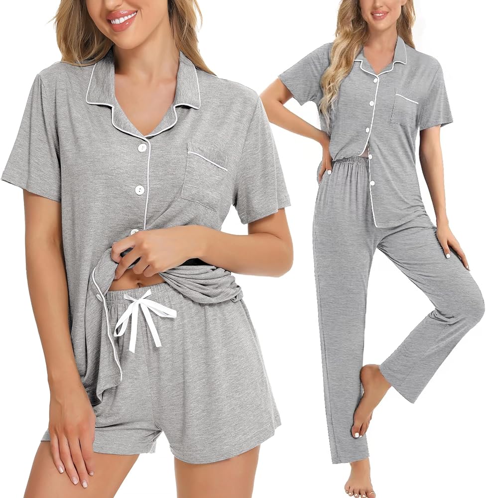 SWOMOG Womens 3pcs Button Down Pajamas Set Short Sleeve Sleepwear Bride Soft Pj Lounge Sets with Long Pants