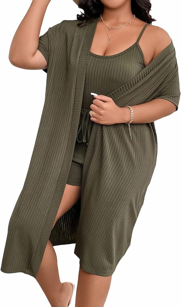 Verdusa Women's Plus Size 3 Piece Lounge Sets Ribbed Cami Top and Shorts with Cardigan