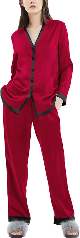 SWOMOG Women Silk Satin Pajama Set Long Sleeve Button Down Sleepwear 2Pcs Pjs Soft Loungewear with Pockets S-XXL