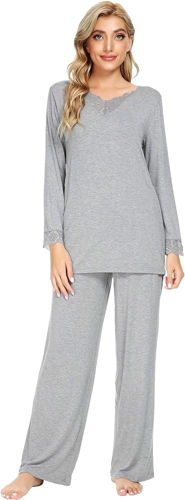 WiWi Bamboo Soft Pajamas Sets for Women Long Sleeve Sleepwear Loose Comfy Pjs Set with Pants Plus Size Loungewear S-4X