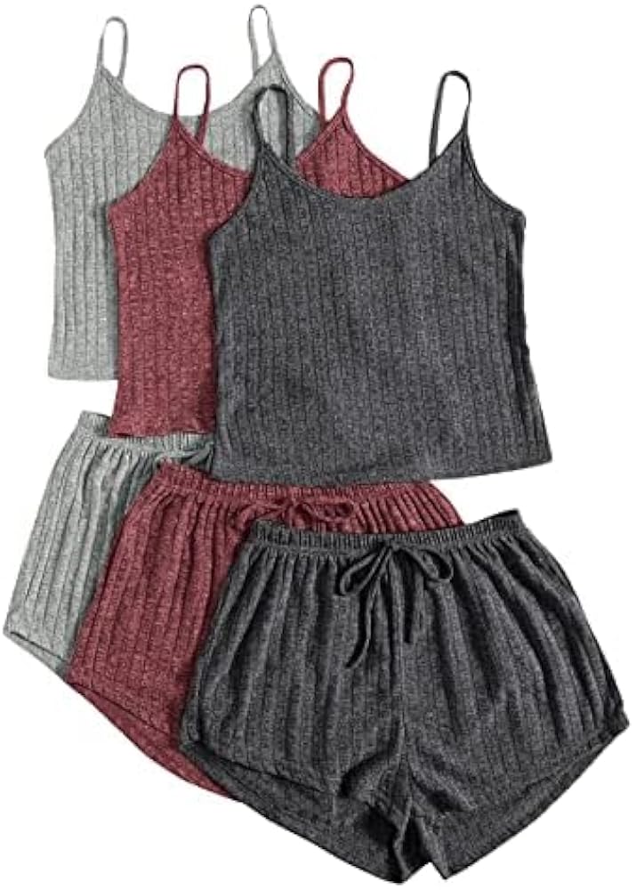 SheIn Women's 3 Sets Rib Knit Lounge Set Crop Cami Top and Tie Front Shorts Sleepwear Pajama Set Solid Multicolor X-Large