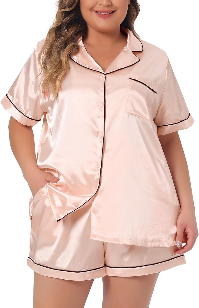 Agnes Orinda Plus Size Pajamas Set for Women Satin Button Down Tops Sleepwear Pajama Shorts 2 Pcs Lounge Sets with Pocket