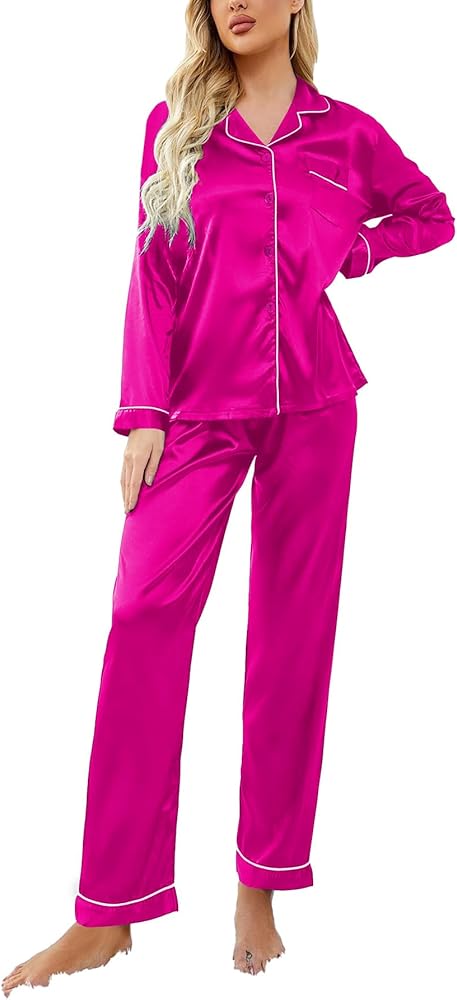 Women's Satin Silk Pajamas Set 2 Piece Long Sleeve Button Down Shirt and Pants Sleepwear PJS Loungewear