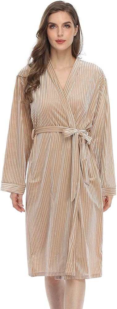 Ferrendo Women Long Robe Soft Velvet Bathrobe Striped Nightwear Bridal Fluffy Sleepwear Nightgowns