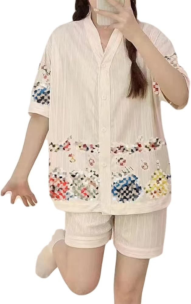 Pajamas Set for Women Short Sleeve Button Sleepwear Shorts Shirt PJ Set Nightwear Soft Pjs Small 33