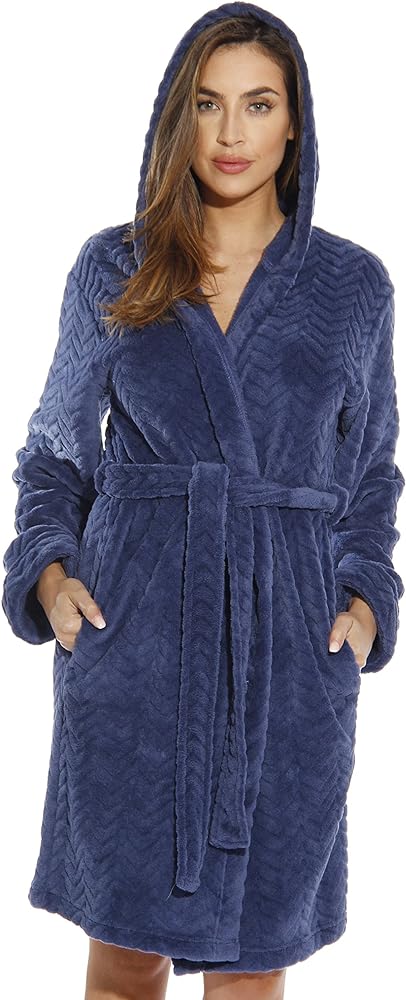 Just Love Kimono Robe Chevron Texture Fleece Hooded Bath Robes for Women