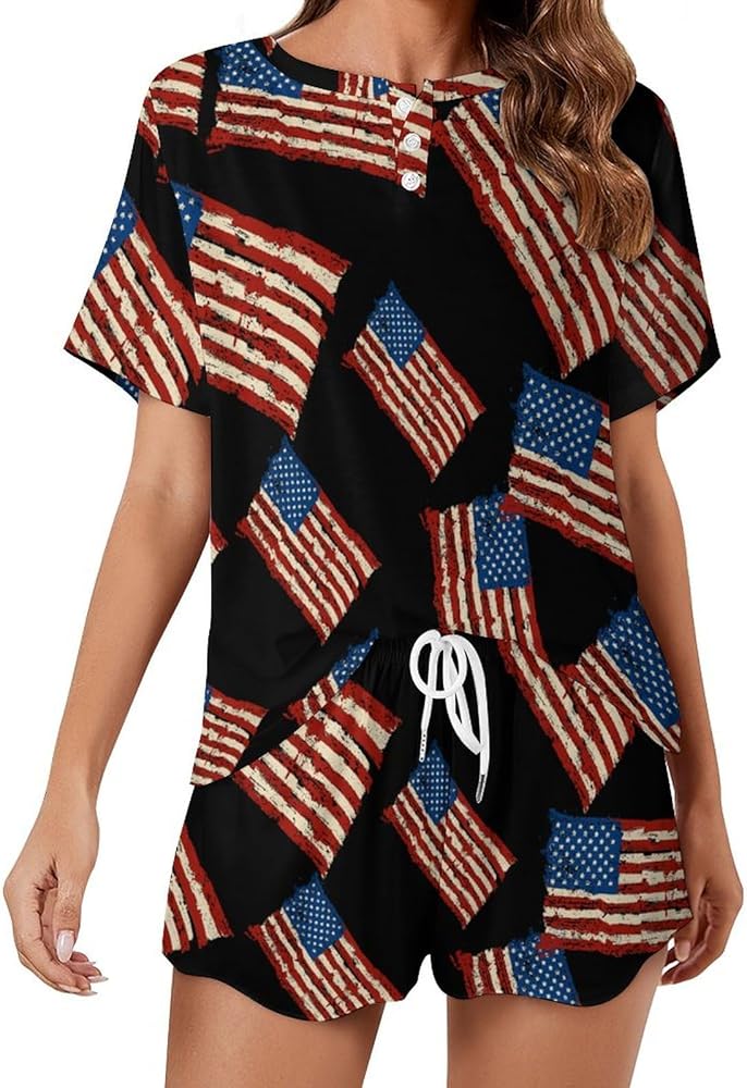 Retro American Flag Women's 2 Piece Pajamas Short Sleeve Shorts Sleepwear Set Causal Loungewear Home Suit 5XL