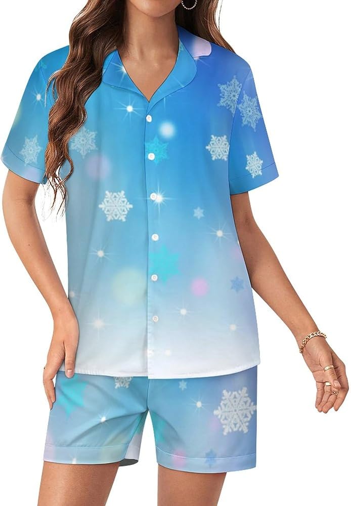 Christmas Shining Snowflake Women's Pajamas Set Two Piece Button Down Sleepwear Short Sleeve And Shorts Loungewear