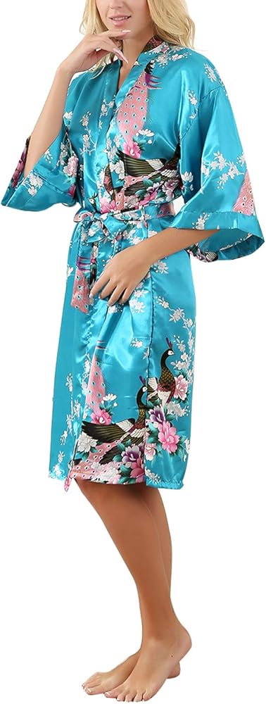 Satin Robe for Women Long Peacock Robe Silk Dressing Gown Summer Robe for Women Short Sleeve