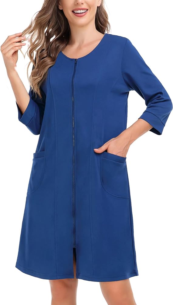 SWOMOG Women Zip Up Robe 3/4 Sleeve Housecoat Soft Cotton Zipper Front Nightgown Loungewear with Pockets