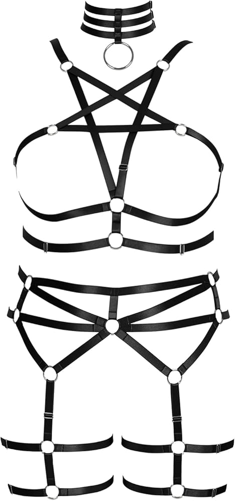 Plus Size Body Harness for Women Gothic Pentagram Full Cage Hollow Out 2 Piece Strappy Bra Garter Belts Set Punk Clothing