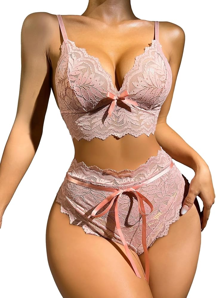 Lilosy Sexy Women Floral Lace Pajamas Lingerie Set High Waist Sheer Sleepwear Nightwear Cami Shorts Bra and Panty 2 Piece