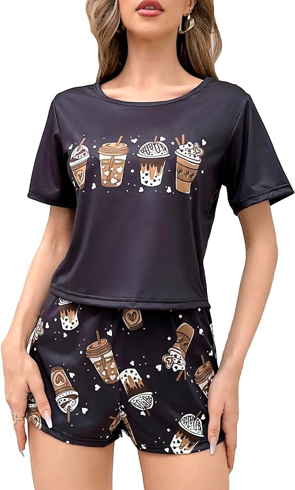 SOLY HUX Women's Short Sleeve Tee Top and Plaid Shorts Lounge Pajama Set Sleepwear Graphic Black S