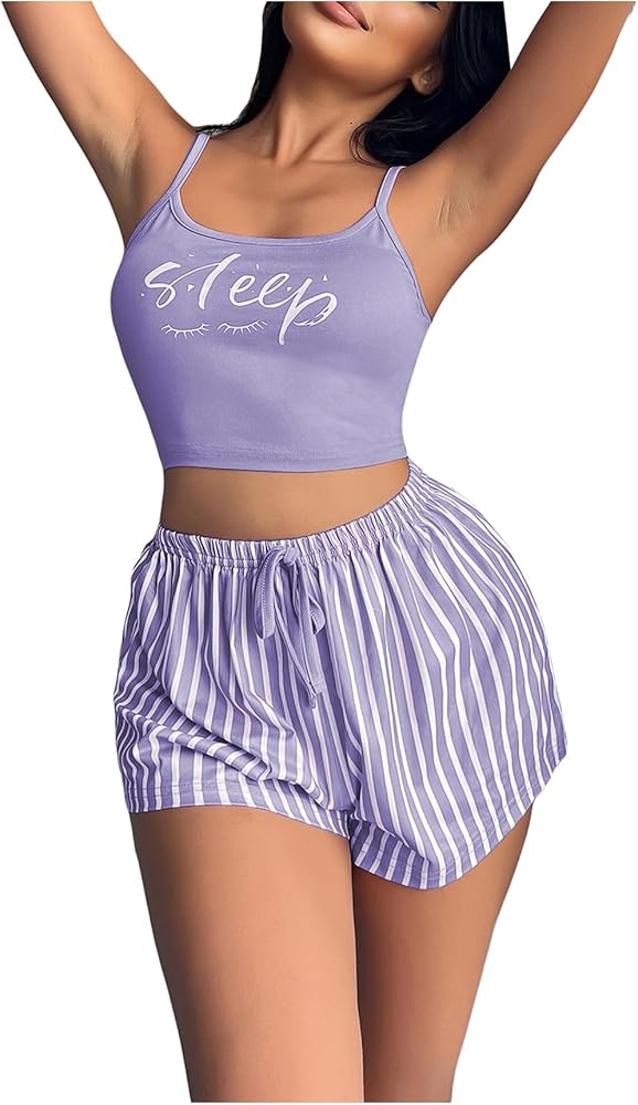 SOLY HUX Women's Pajama Set Letter Print Striped Cami Top and Shorts Loungewear Sleepwear